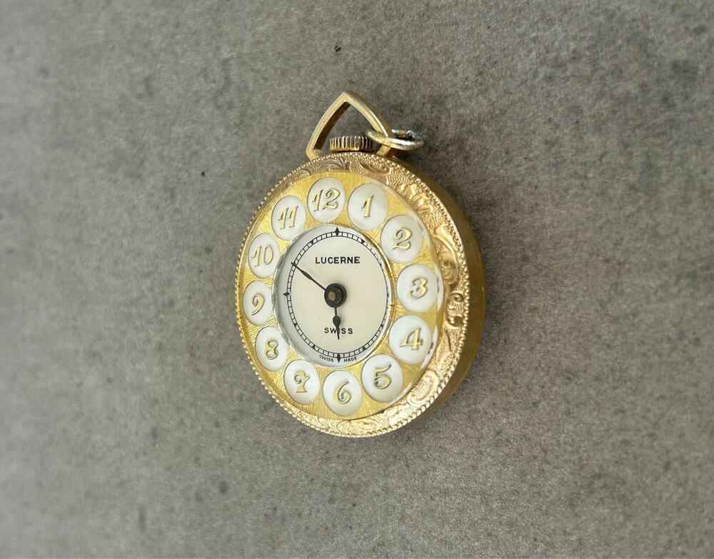 Lucerne Swiss Necklace Pendant Watch Gold Tone Floral Case Vintage Wind‑Up Works